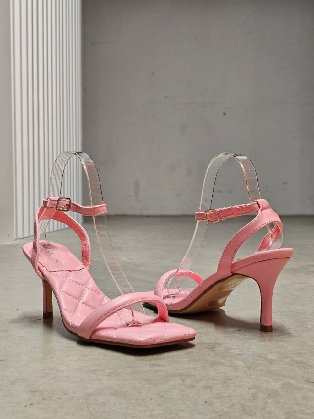 Quilted Pink Strappy Heels With Adjustable Ankle Strap & Square Toe Design Elega